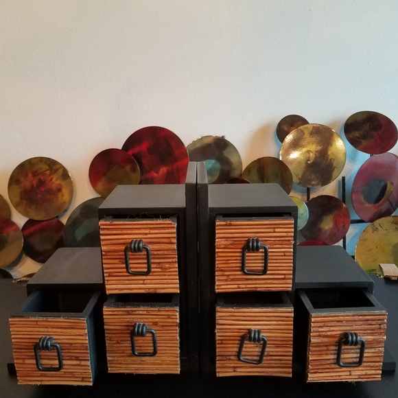 Vintage Wood with Bamboo Pullout Drawer Bookends - Picture 5 of 7